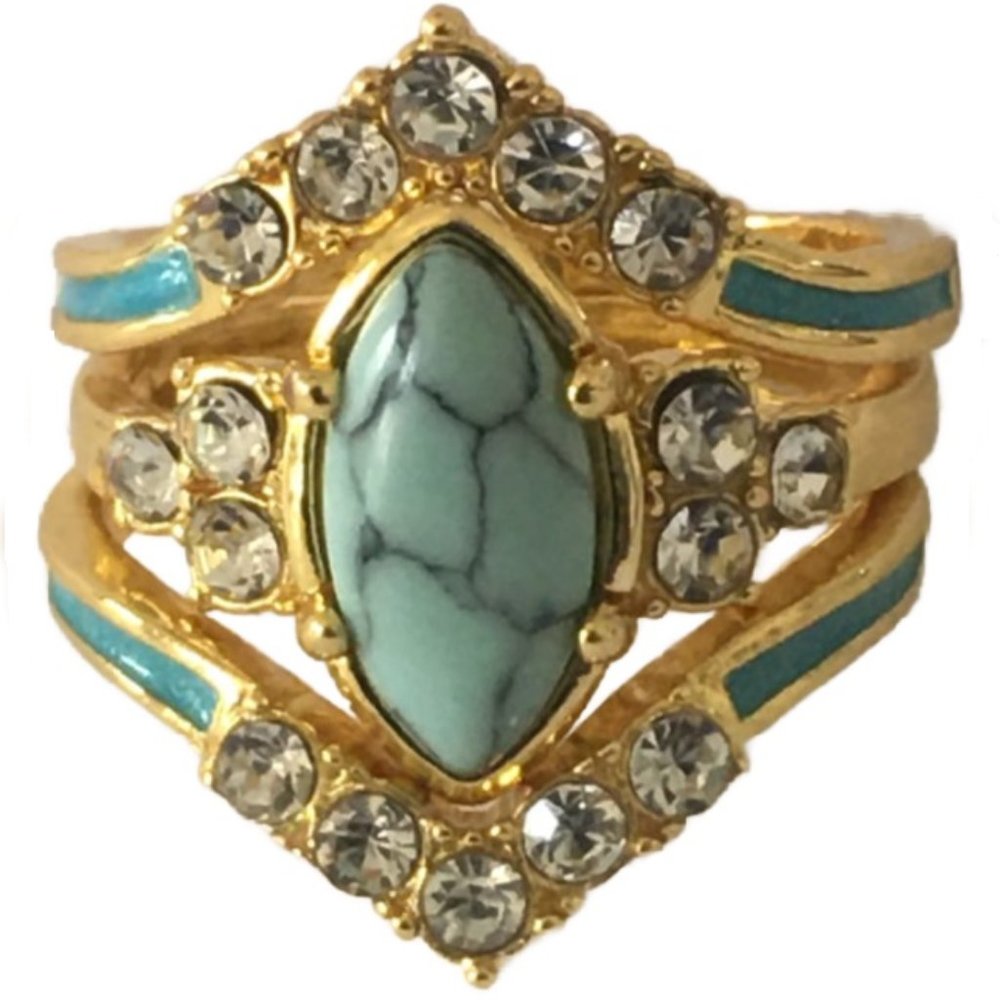 Women's 3 P Set 18K Gold Plated Multilayer Hollow Turquoise Rings Whit Case